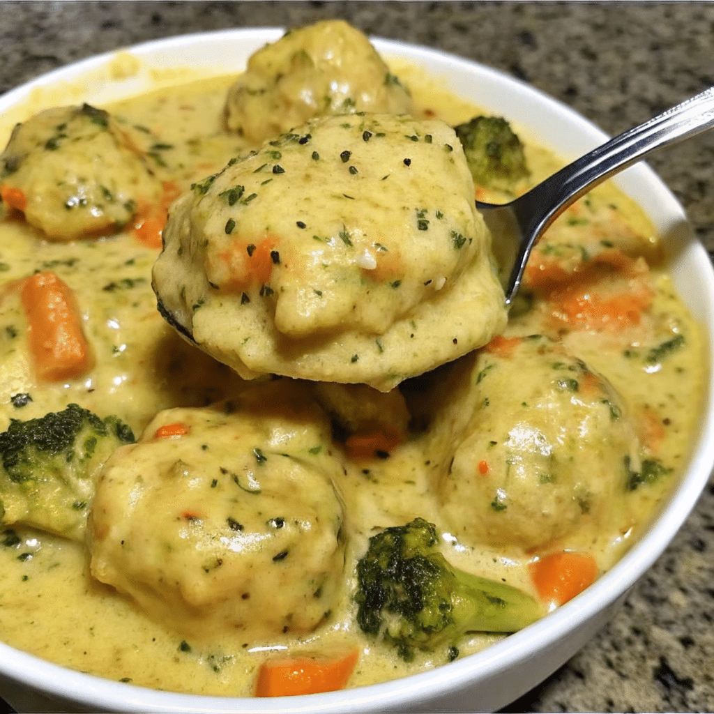 Creamy Broccoli Cheddar Chicken and Dumplings served in a bowl with tender chicken, broccoli florets, melted cheddar cheese, and fluffy dumplings.