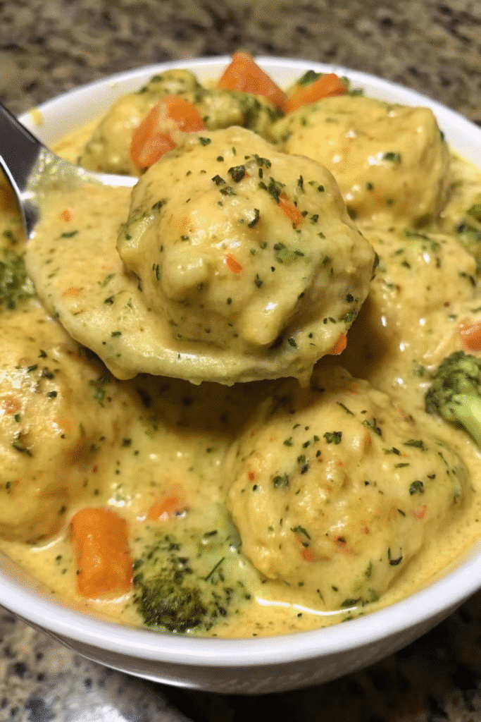 Hearty Broccoli Cheddar Chicken and Dumplings topped with parsley, showcasing creamy cheese sauce, vegetables, and biscuit dumplings.