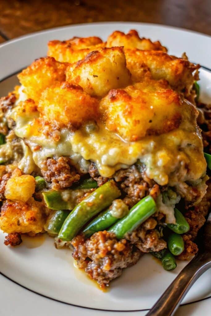 Freshly baked Tater Tot Hamburger Green Bean Casserole topped with crispy golden tater tots and melted cheddar cheese in a casserole dish.