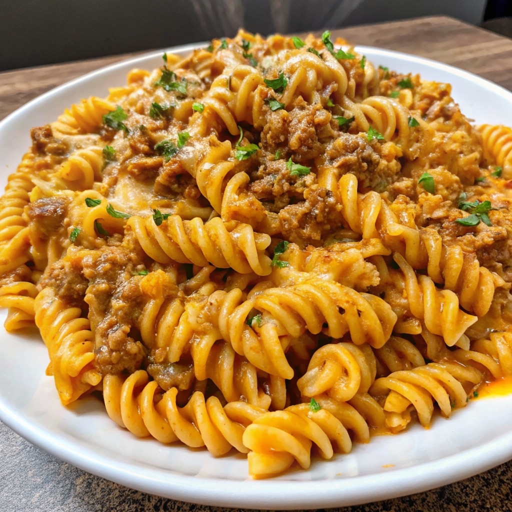 Creamy Cajun Ground Beef Rotini served in a bowl with seasoned ground beef, rotini pasta, melted cheese sauce, and fresh parsley garnish.