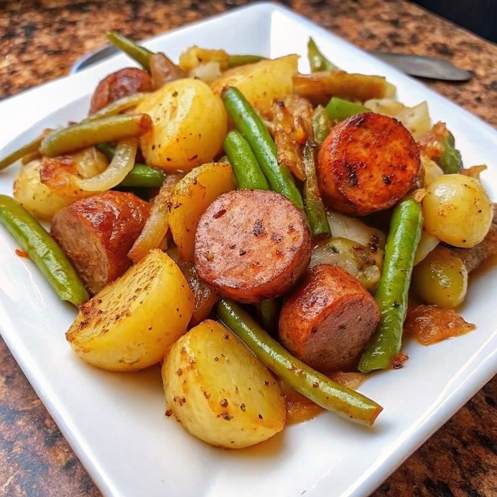 Crock Pot Swamp Potatoes served in a bowl with tender yellow potatoes, smoked sausage slices, green beans, and buttery seasoned sauce.