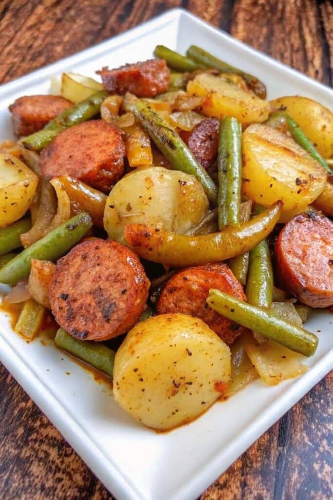 Close-up of Crock Pot Swamp Potatoes made with smoked sausage, yellow potatoes, green beans, and rich buttery Italian seasoning.