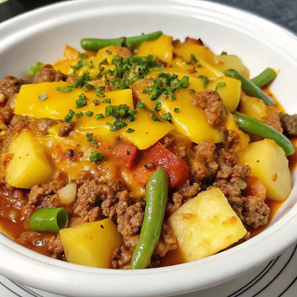 Hobo Casserole with Ground Beef baked with potatoes, green beans, tomatoes, and melted cheddar cheese in a casserole dish.