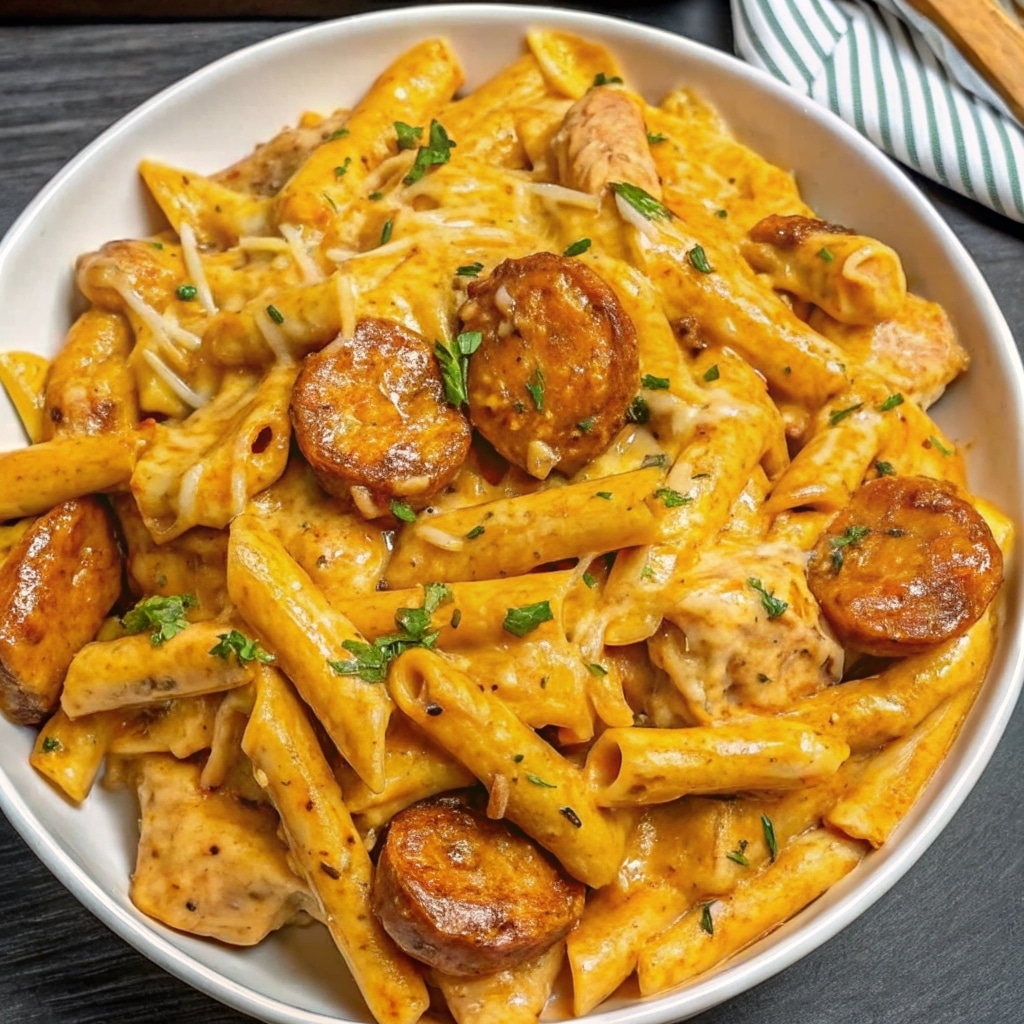 Buffalo Chicken And Smoked Sausage Penne served in a skillet with tender chicken, smoked sausage slices, creamy buffalo cheese sauce, and penne pasta.
