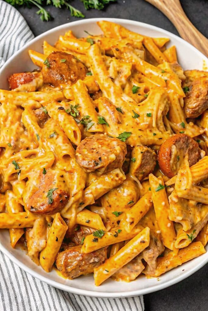 Buffalo Chicken And Smoked Sausage Penne 3 Close-up of Buffalo Chicken And Smoked Sausage Penne topped with melted cheddar cheese and fresh parsley in a creamy spicy sauce.