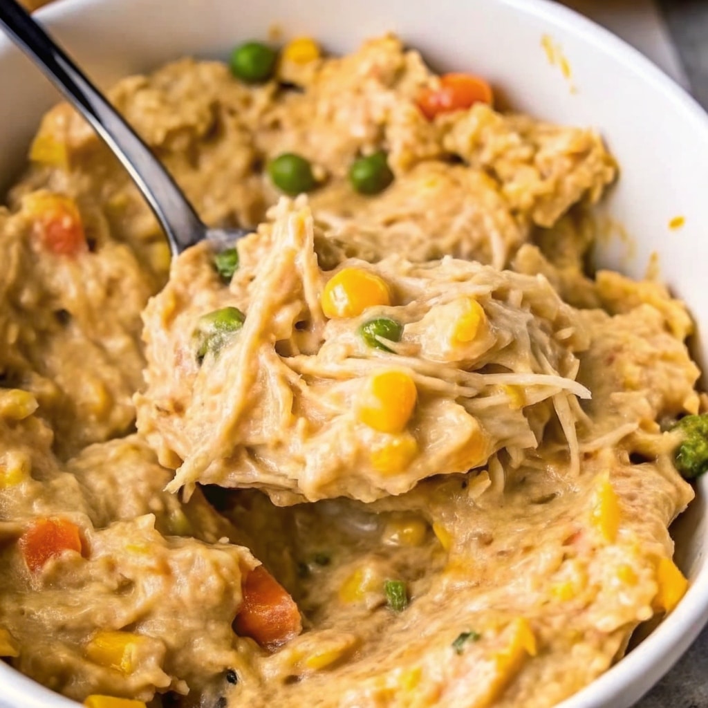 Crockpot Chicken And Stuffing Casserole served with creamy shredded chicken, mixed vegetables, stuffing, and melted cheddar cheese.