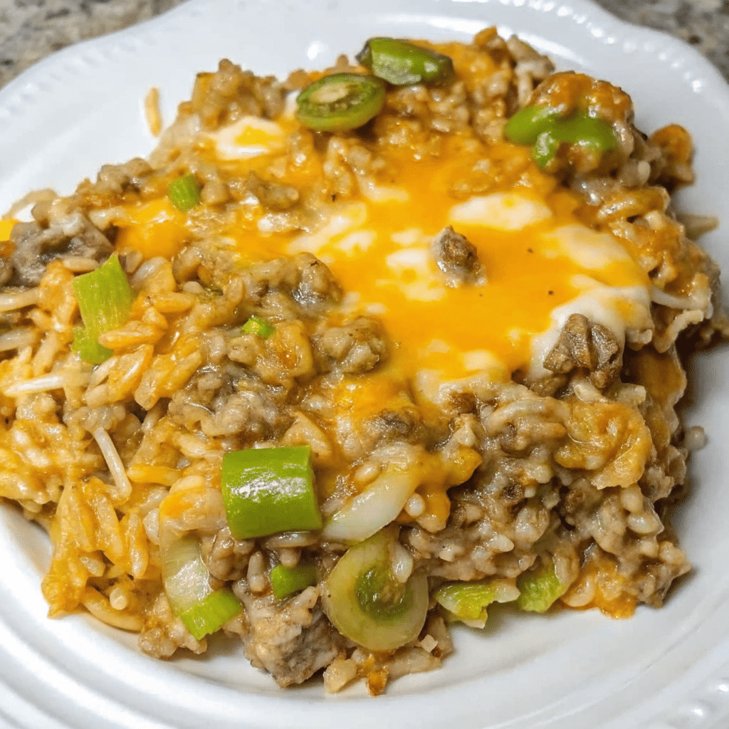 Philly Cheesesteak Ground Beef skillet with seasoned ground beef, rice, green peppers, mushrooms, and melted mozzarella and cheddar cheese.