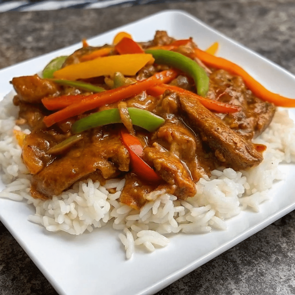 Homemade Pepper Chicken with Rice topped with seasoned chicken, sautéed bell peppers, and flavorful gravy over rice.