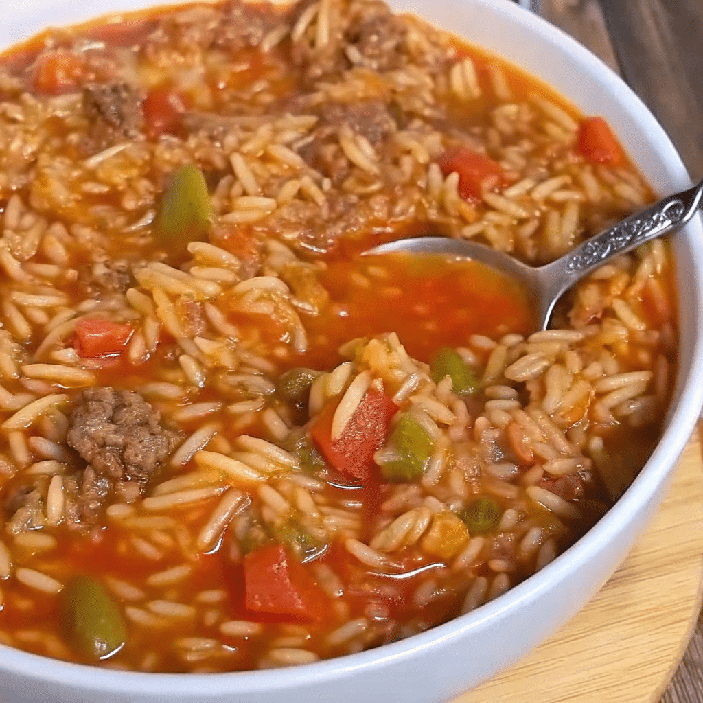 Stuffed Pepper Orzo Skillet with ground beef, bell peppers, orzo pasta, marinara sauce, and melted cheddar cheese in a cast iron skillet.